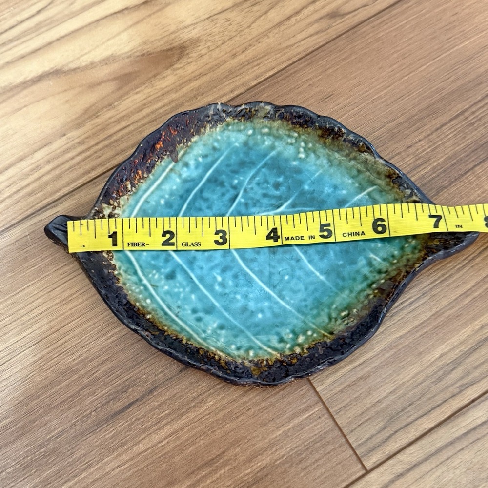 Japanese Dinner Serving Dish Plate 8"L Ceramic Green Brown Rust Crackle Leaf - Picture 4 of 6